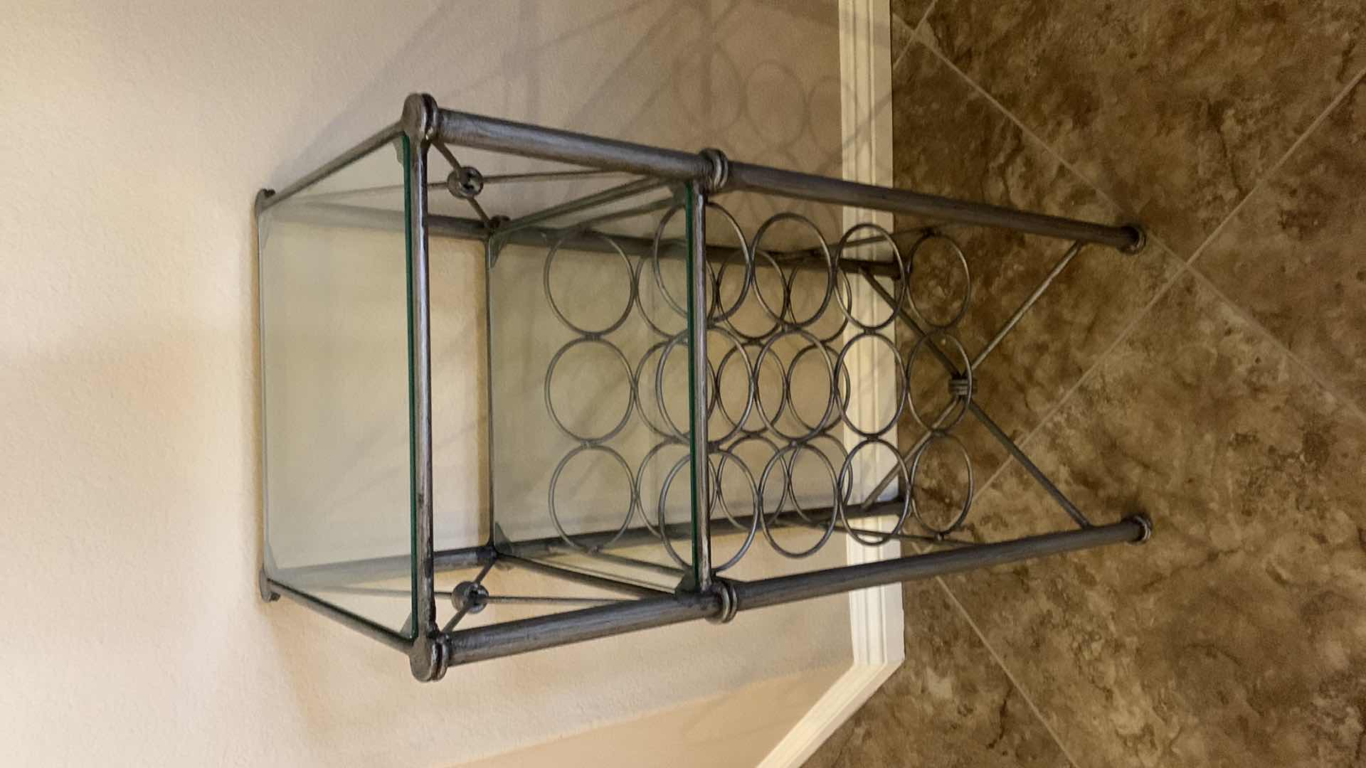 Photo 2 of METAL WINE HOLDER TABLE W TWO GLASS SHELVES, 14” x 34”