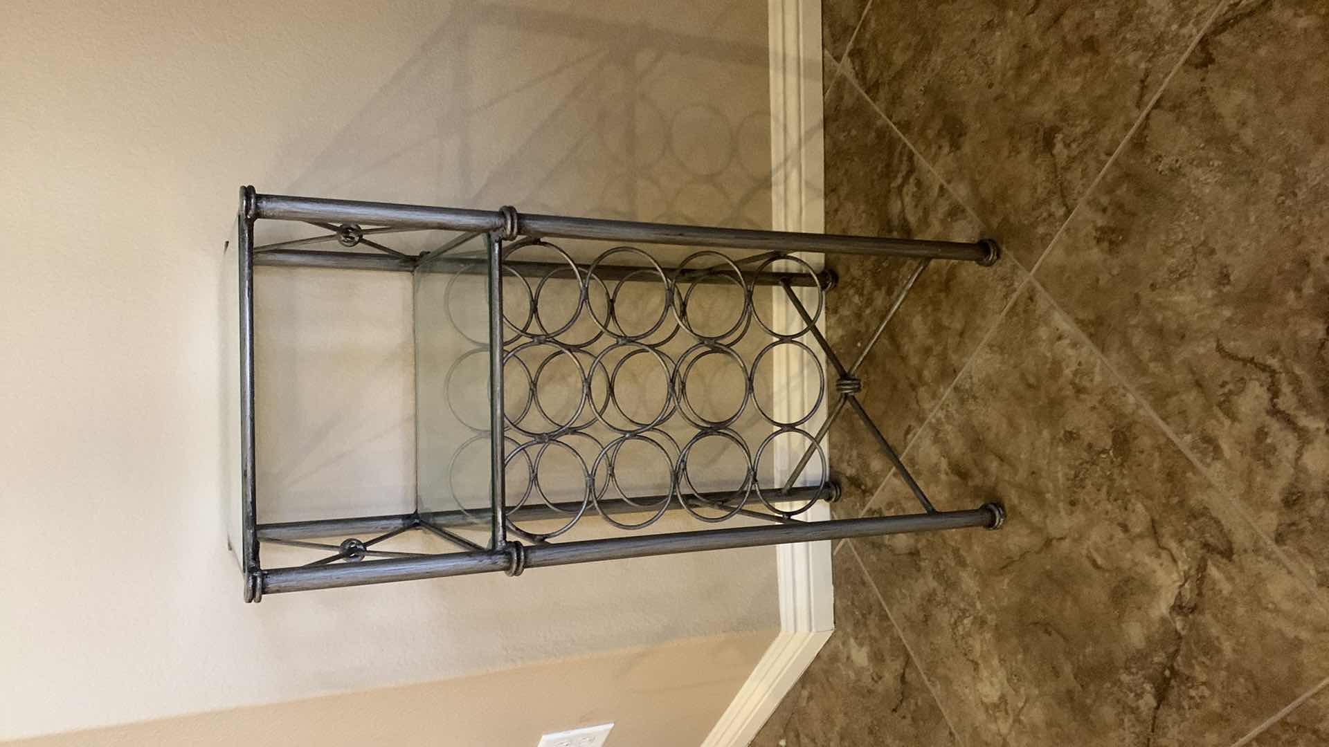 Photo 1 of METAL WINE HOLDER TABLE W TWO GLASS SHELVES, 14” x 34”