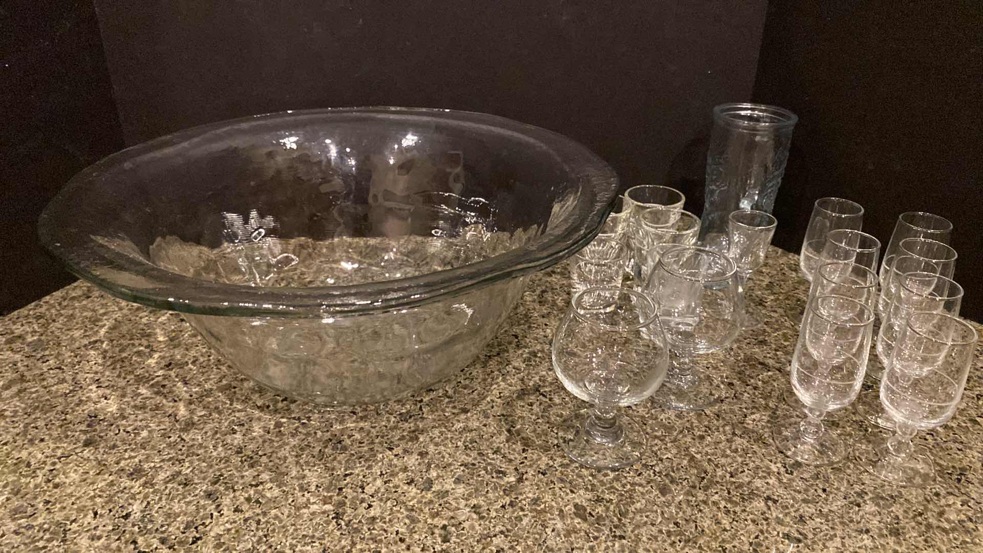 Photo 1 of LARGE ART GLASS BOWL 15in AND ASSORTED CORDIAL AND SHOT GLASSES