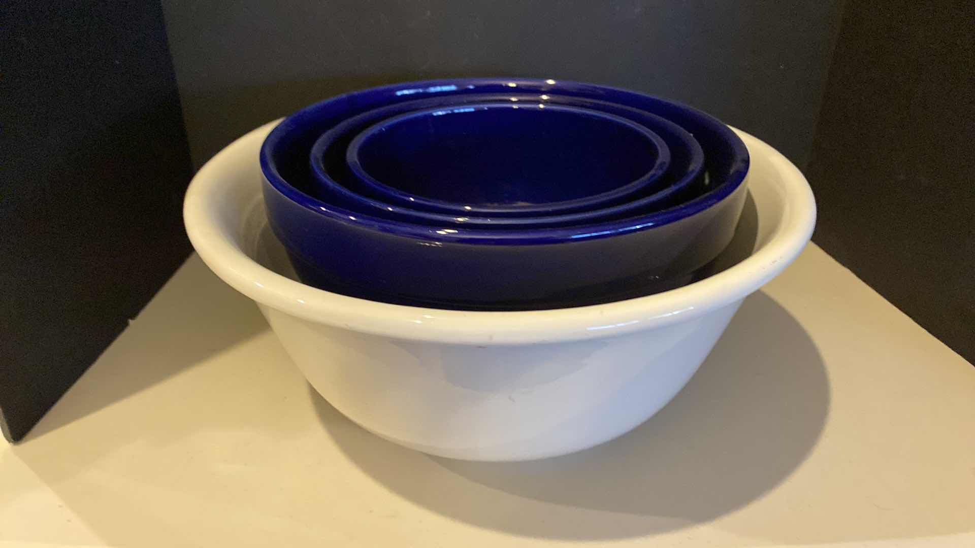Photo 1 of 4 MIXING BOWLS, 1 WHITE AND 3 COBALT BLUE