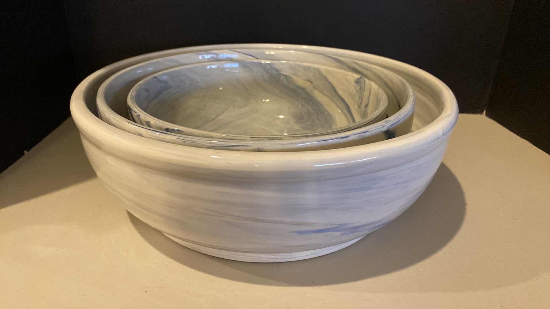 Photo 1 of SET OF 3 CERAMIC SWIRL SERVING BOWLS BY THREE HANDS, LARGEST 13in