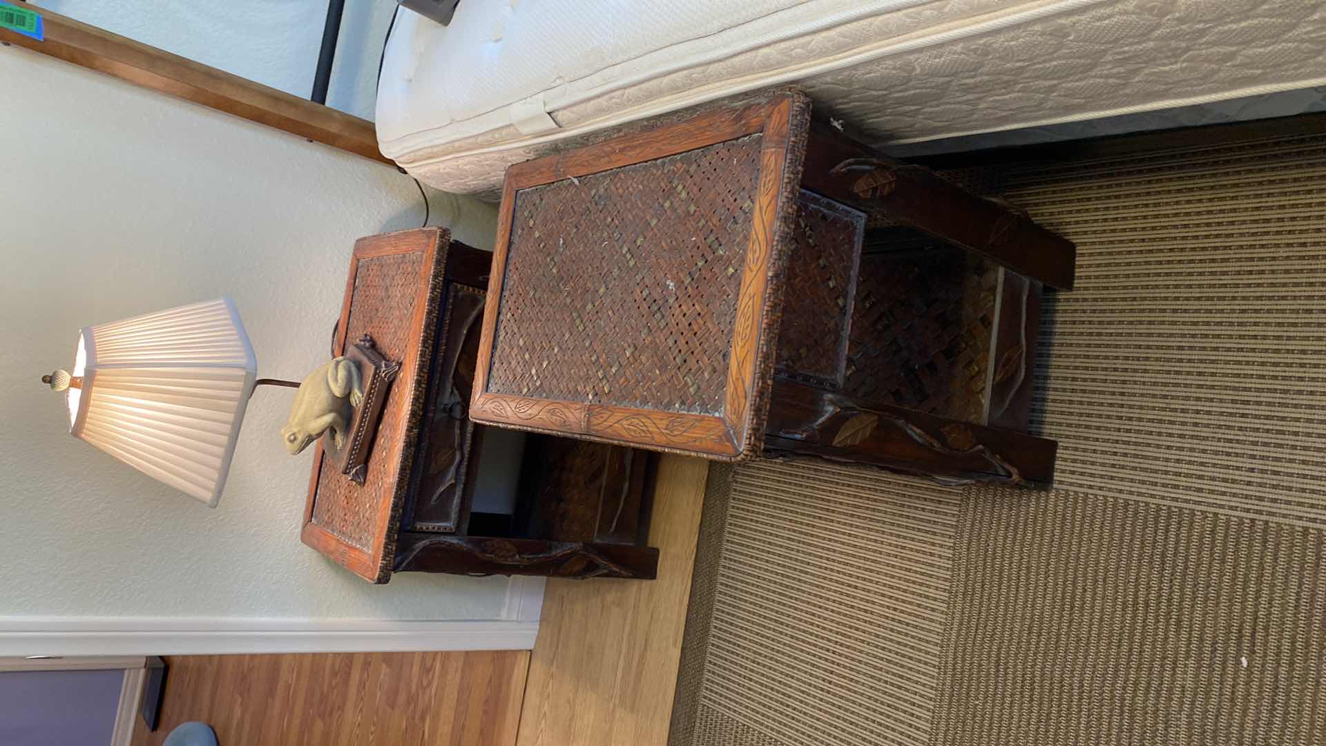 Photo 2 of RATTAN AND WOOD NIGHT STANDS 22” X 15” H22” AND FROG LAMP H18”