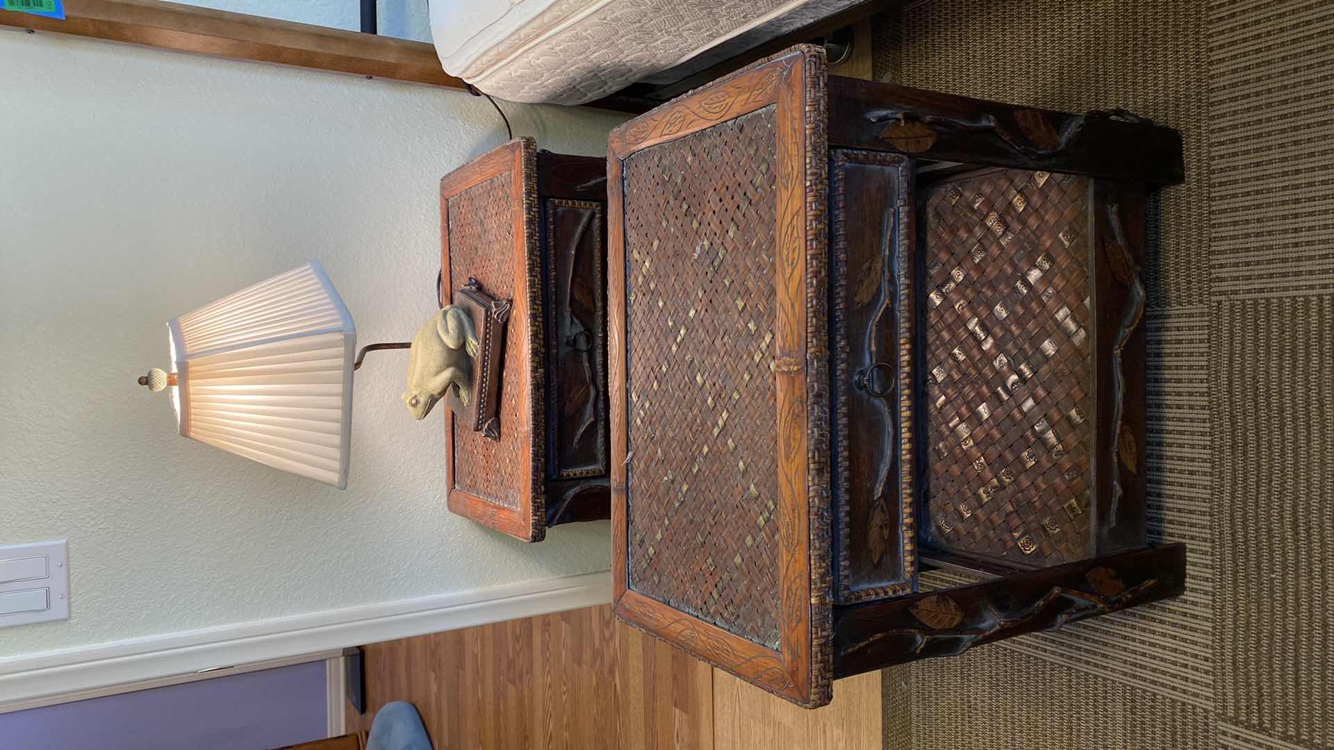 Photo 1 of RATTAN AND WOOD NIGHT STANDS 22” X 15” H22” AND FROG LAMP H18”