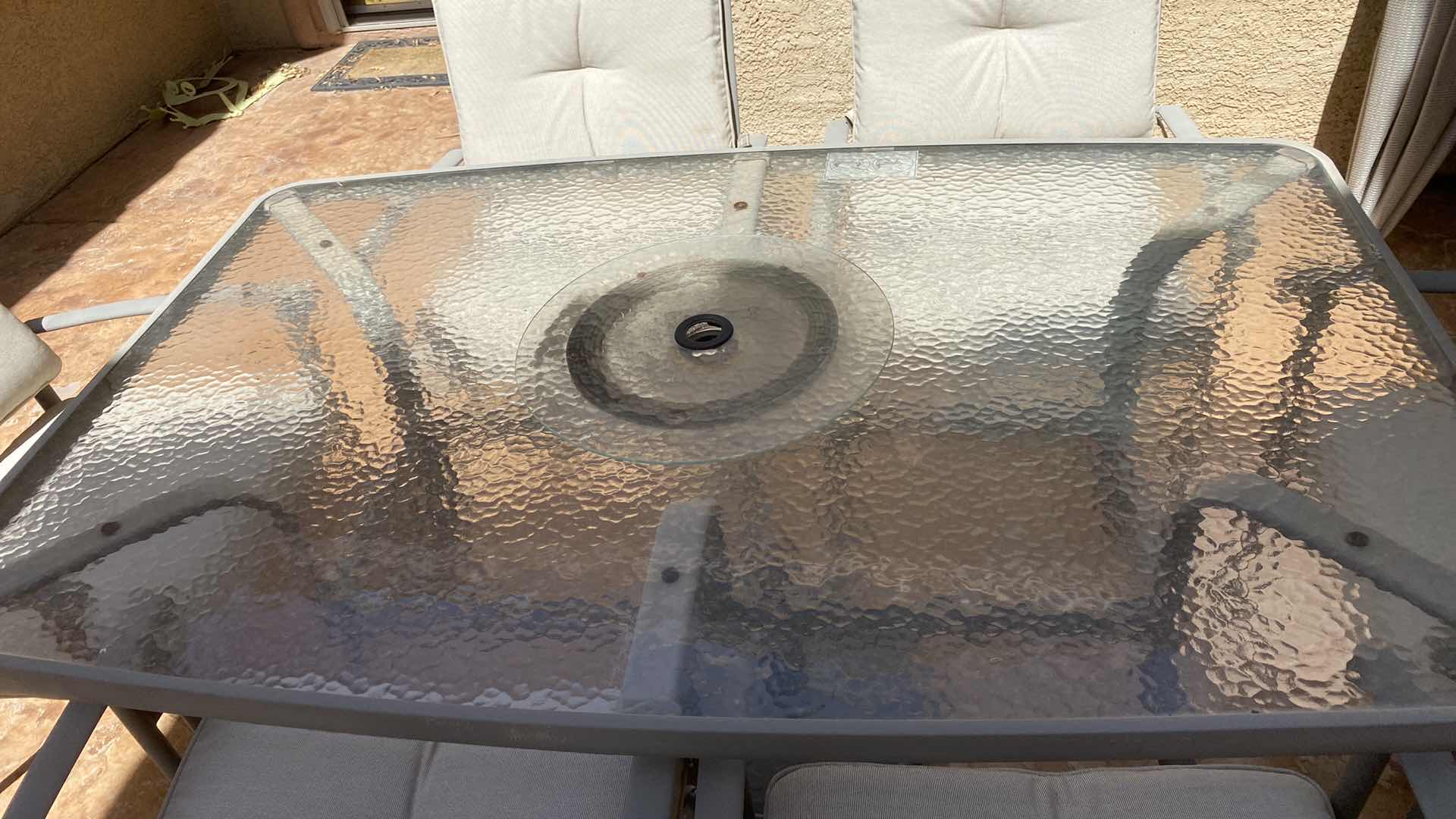 Photo 3 of 7 PIECE ALUMINUM AND GLASS PATIO TABLE WITH 6 CHAIRS 62” X 40” (CUSHIONS INCLUDED)