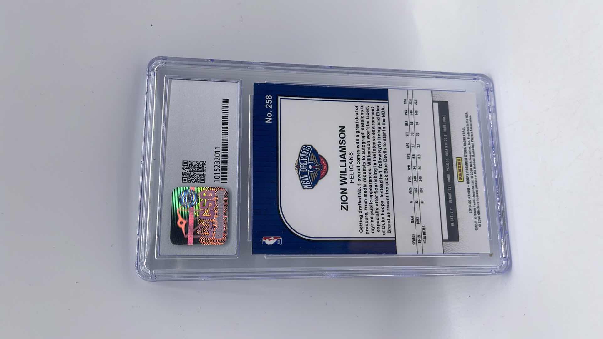 Photo 2 of 2019-20 ZION WILLIAMSON PANINI HOOPS PREMIUM STOCK RATED CARD 258