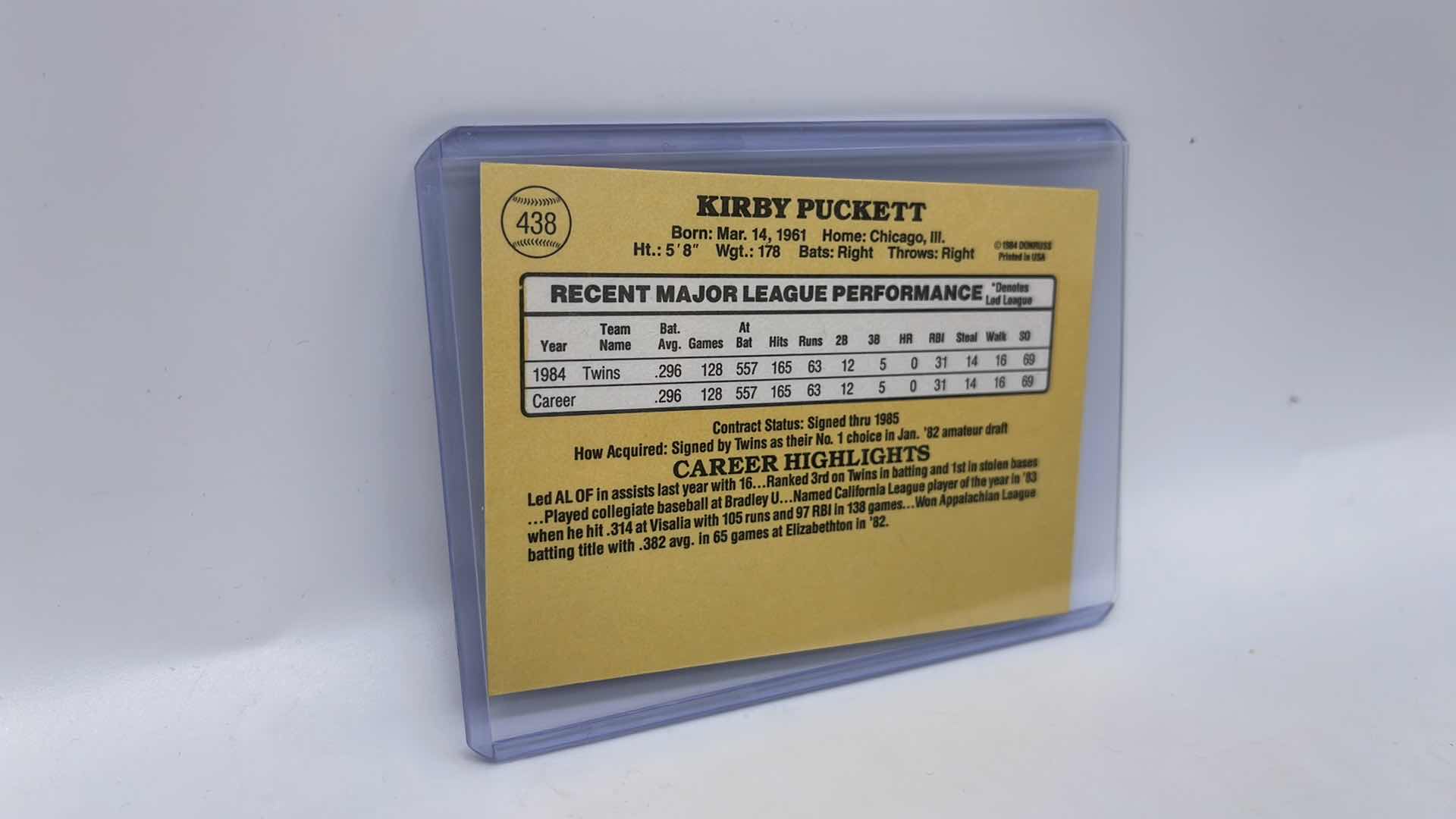 Photo 2 of 1985 KIRBY PUCKET DONRUSS ROOKIE CARD 438