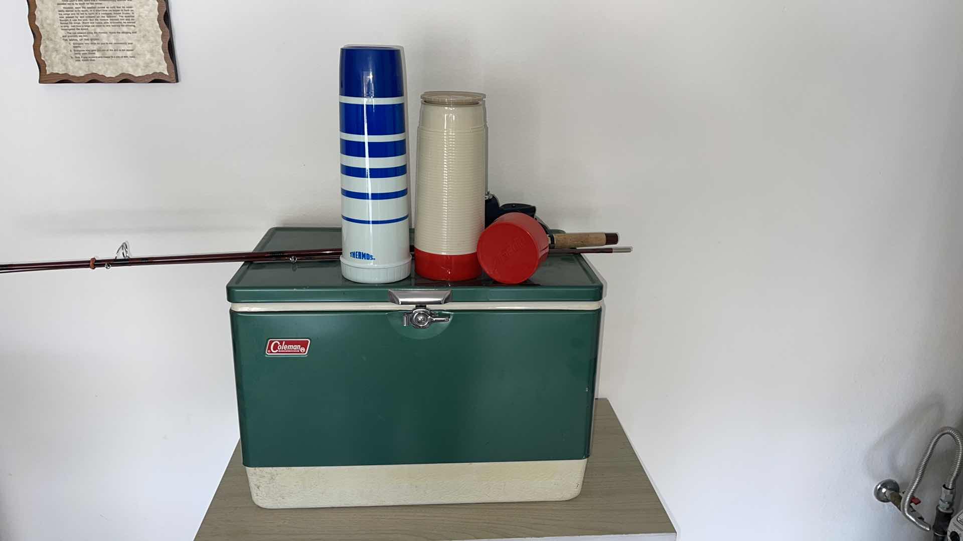 Photo 1 of VINTAGE COLEMAN ICE-CHEST W 2 THERMOS & FISHING ROD