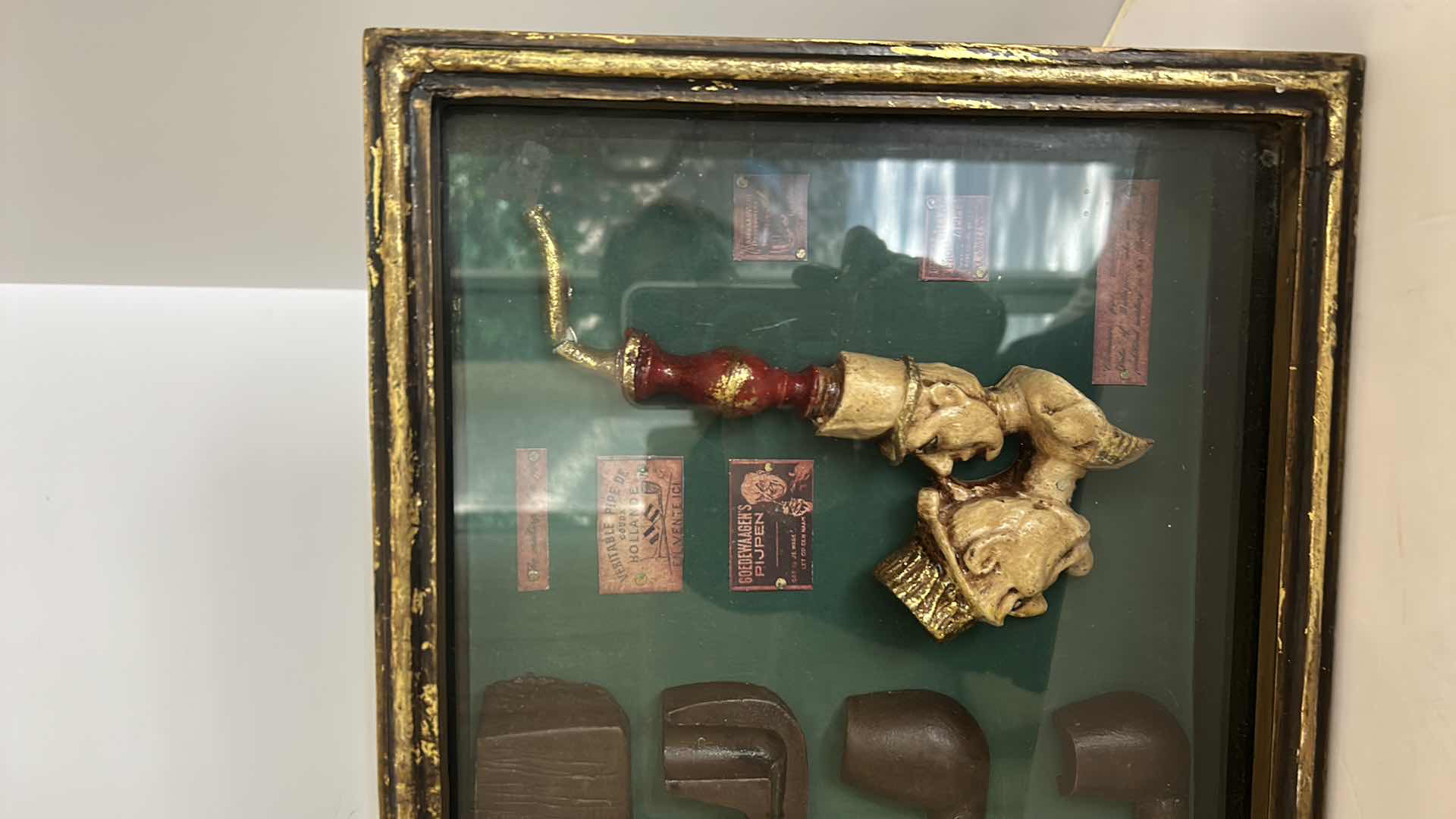 Photo 5 of DISTRESSED BLACK AND GOLD FRAMED SHADOW BOX WITH VINTAGE PIPES 20.5” x 11.25”