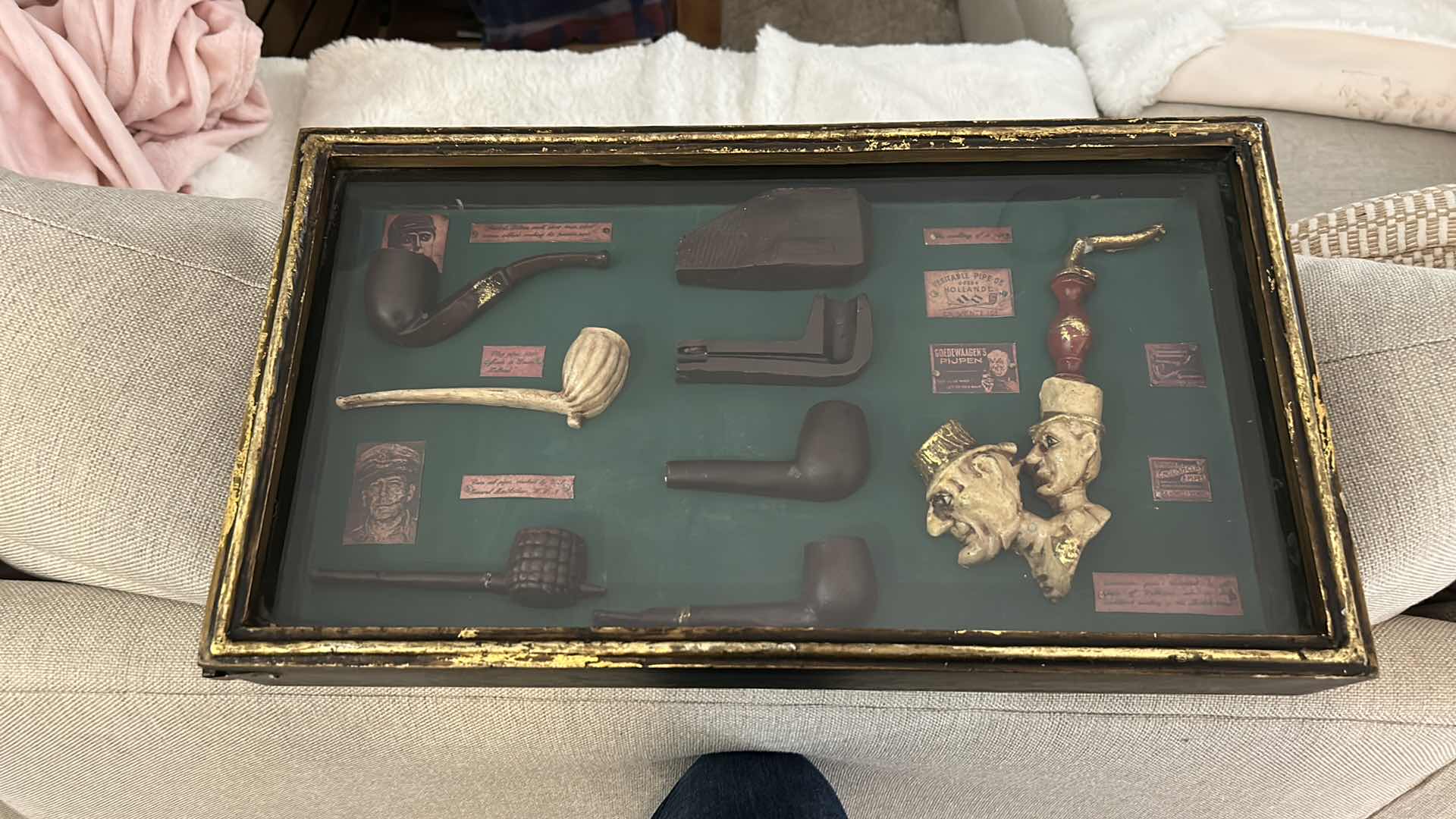 Photo 10 of DISTRESSED BLACK AND GOLD FRAMED SHADOW BOX WITH VINTAGE PIPES 20.5” x 11.25”