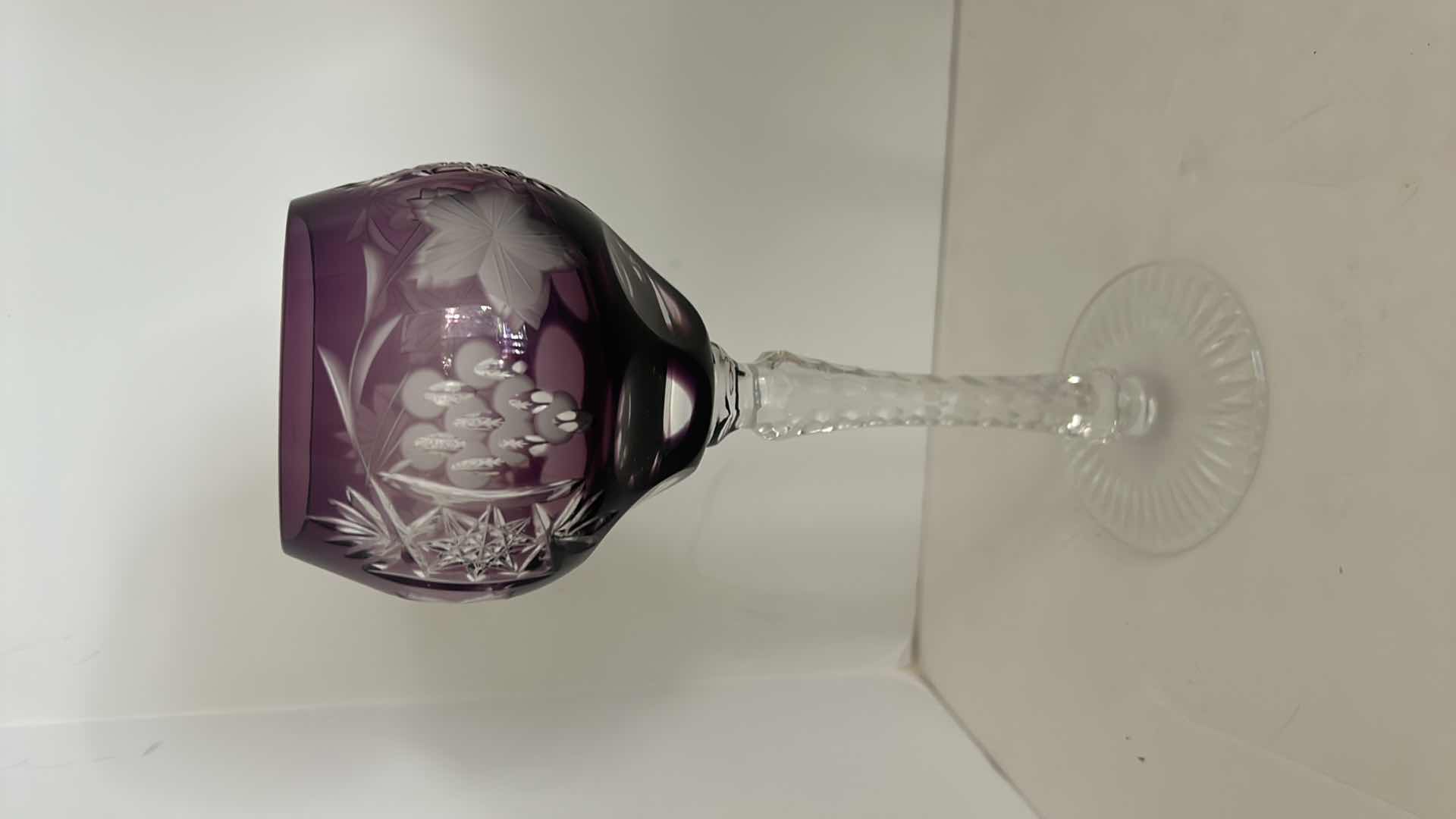 Photo 6 of Ajka Marsala Grape Amethyst Purple Lead Cut Crystal to Clear Wine Goblet $119