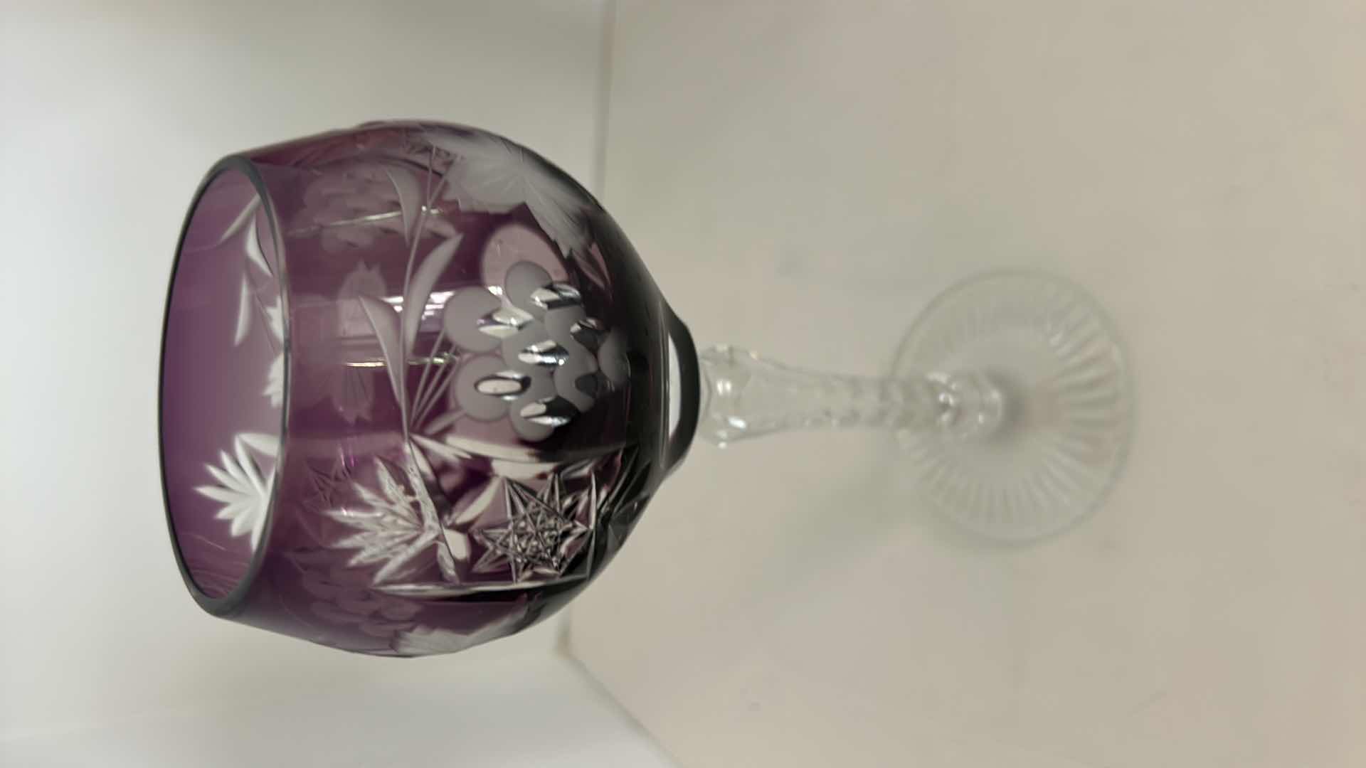 Photo 5 of Ajka Marsala Grape Amethyst Purple Lead Cut Crystal to Clear Wine Goblet $119