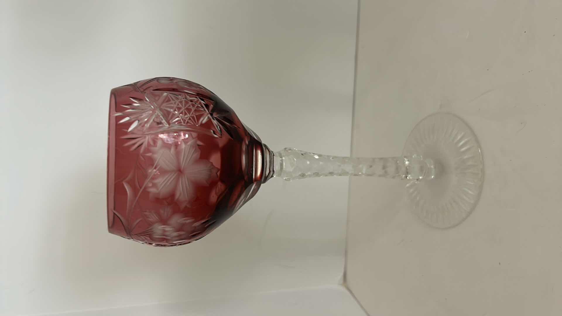 Photo 2 of Marsala Ruby Red Wine Hock Goblet Lead Cystal Ajka Crystal Hungary Cut Grapes & Star Cut Stem $119