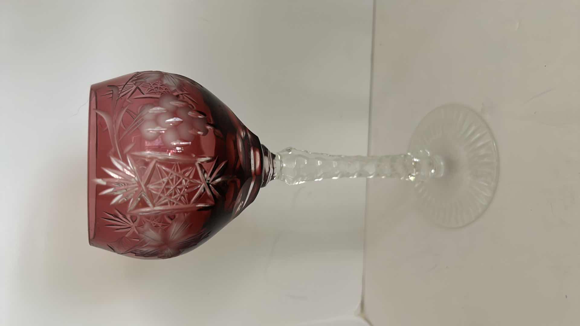 Photo 6 of Marsala Ruby Red Wine Hock Goblet Lead Cystal Ajka Crystal Hungary Cut Grapes & Star Cut Stem $119