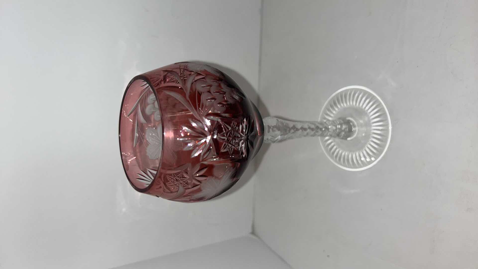 Photo 4 of Marsala Ruby Red Wine Hock Goblet Lead Cystal Ajka Crystal Hungary Cut Grapes & Star Cut Stem $119
