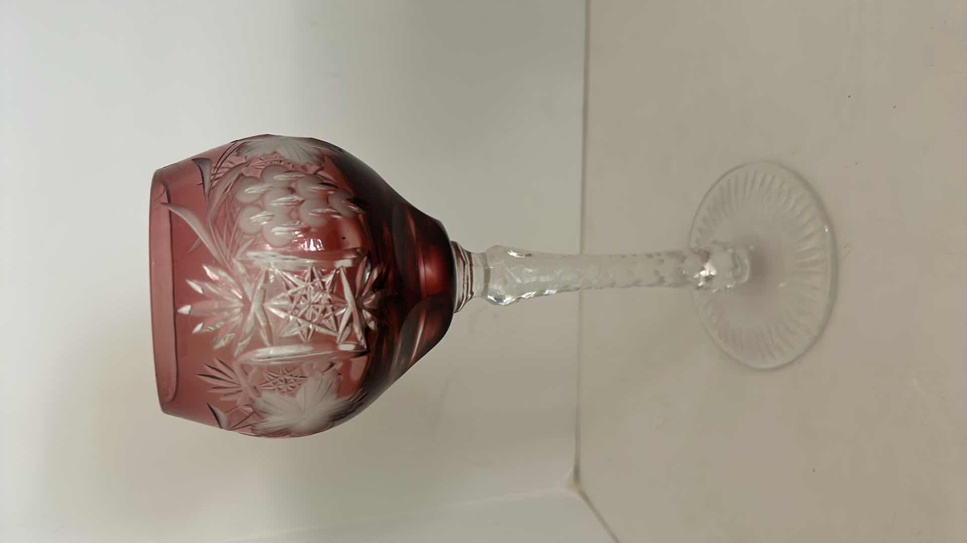Photo 3 of Marsala Ruby Red Wine Hock Goblet Lead Cystal Ajka Crystal Hungary Cut Grapes & Star Cut Stem $119
