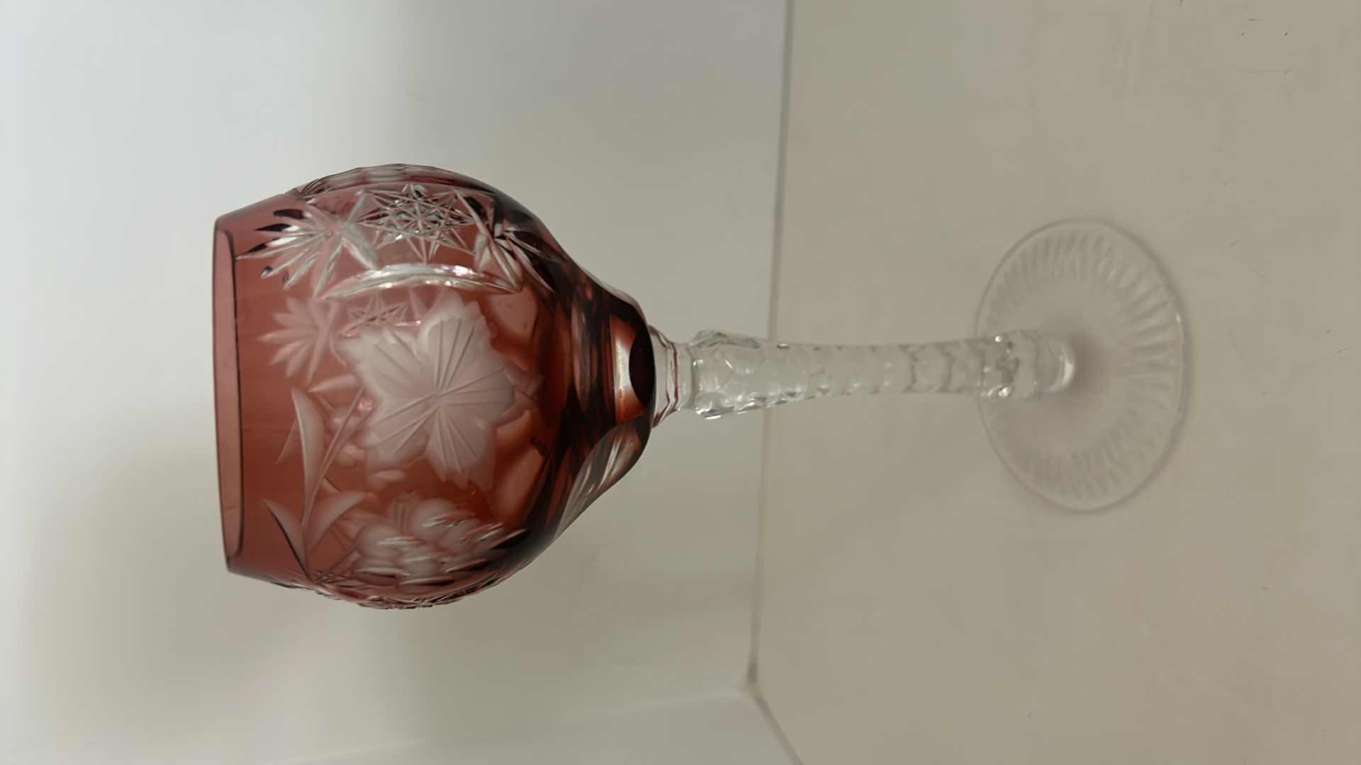 Photo 3 of Marsala Ruby Red Wine Hock Goblet Lead Cystal Ajka Crystal Hungary Cut Grapes & Star Cut Stem $119