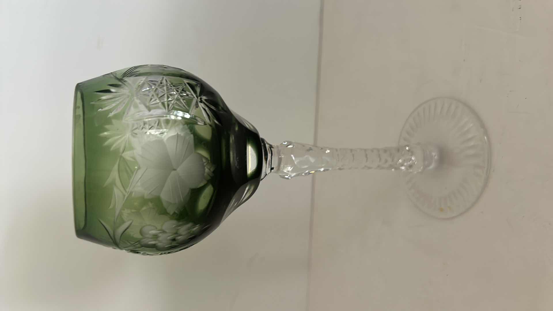Photo 3 of Emerald Wine Hock Goblet Lead Cystal Ajka Crystal Hungary Cut Grapes & Star Cut Stem $119