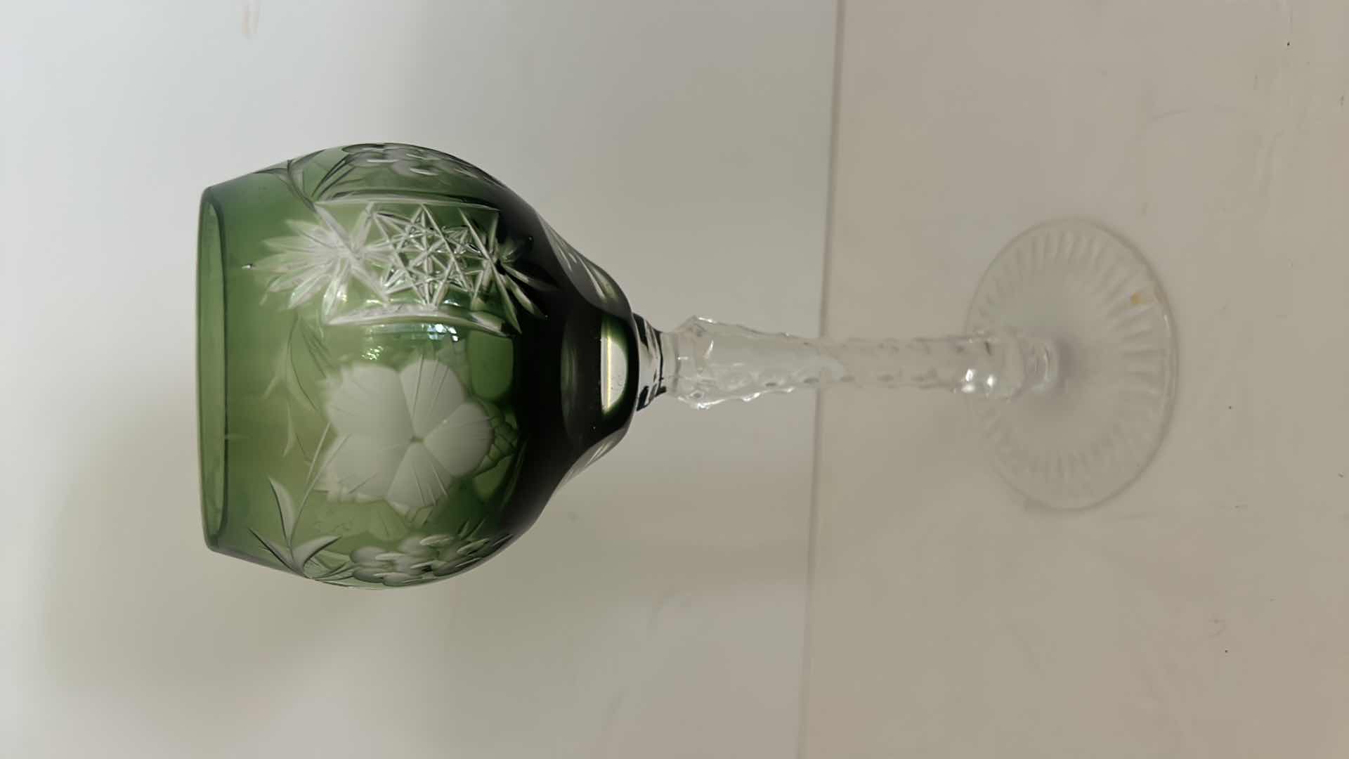 Photo 6 of Emerald Wine Hock Goblet Lead Cystal Ajka Crystal Hungary Cut Grapes & Star Cut Stem $119