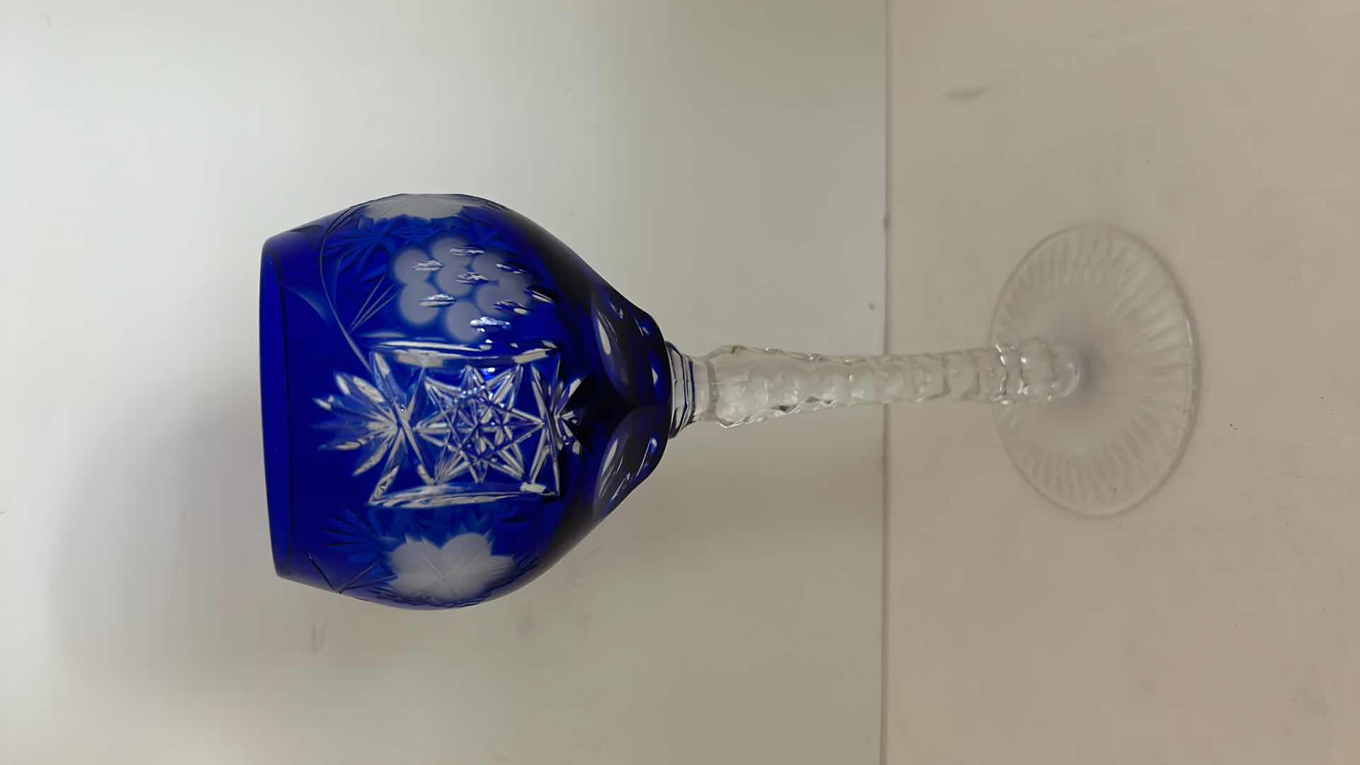 Photo 6 of Blue Jewel Toned Wine Hock Goblet Lead Cystal Ajka Crystal Hungary Cut Grapes & Star Cut Stem $119