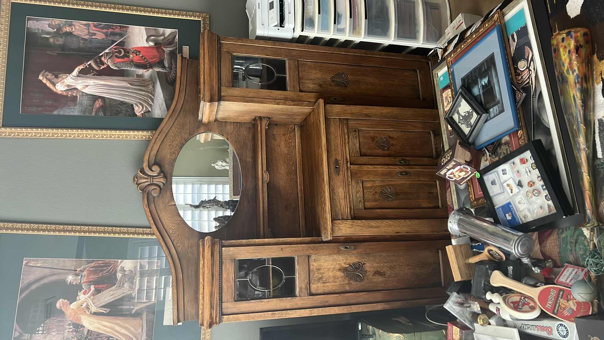 Photo 4 of ANTIQUE OAK SIDEBOARD BUFFET W MIRROR 62” x 14” H73”