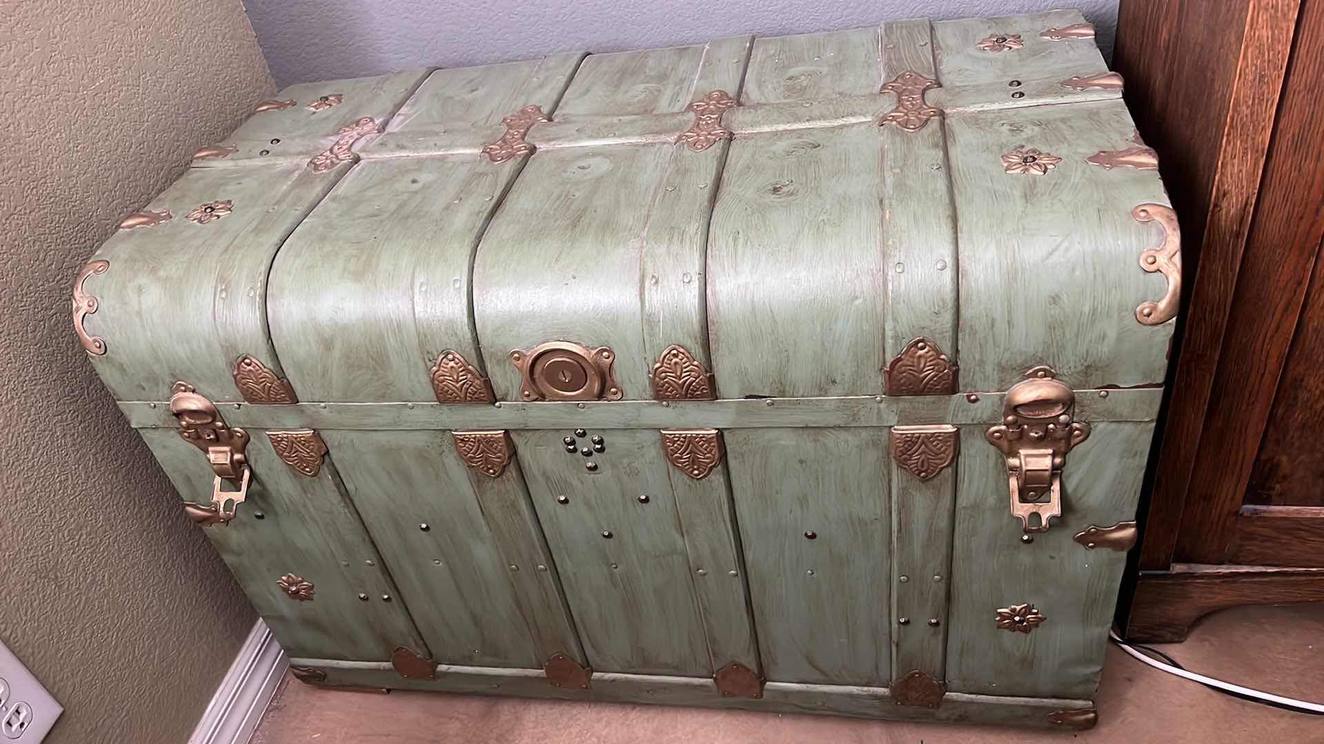 Photo 1 of ANTIQUE GREEN W BRASS STORAGE TRUNK