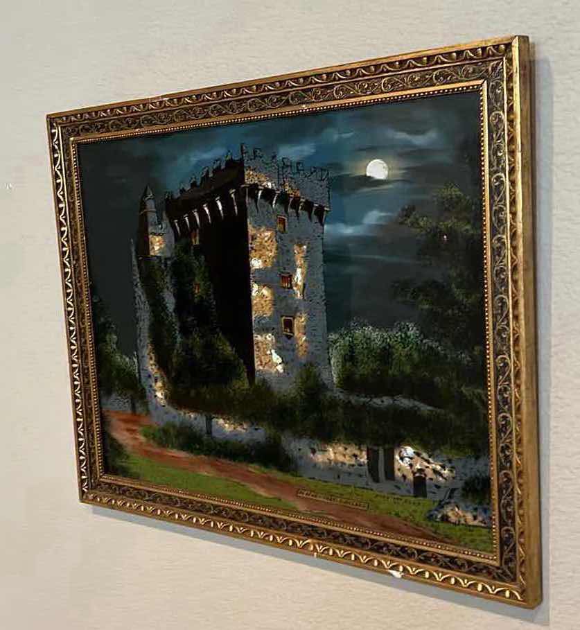 Photo 2 of GOLD ORNATE FRAMED REVERSE BLARNEY CASTLE PAINTING ON GLASS 32” x 19”