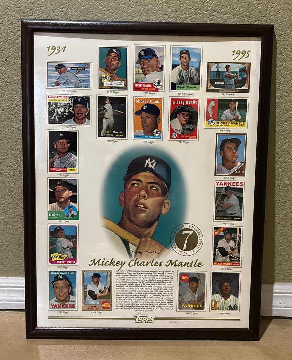 Photo 1 of FRAMED TOPPS MICKEY CHARLES MANTLE COMMEMORATIVE CARD SHEET W COA INCLUDED