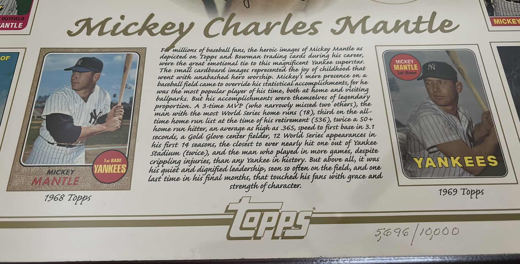 Photo 3 of FRAMED TOPPS MICKEY CHARLES MANTLE COMMEMORATIVE CARD SHEET W COA INCLUDED