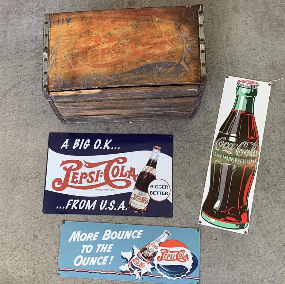 Photo 1 of VINTAGE PEPSI CASE AND METAL SIGNS