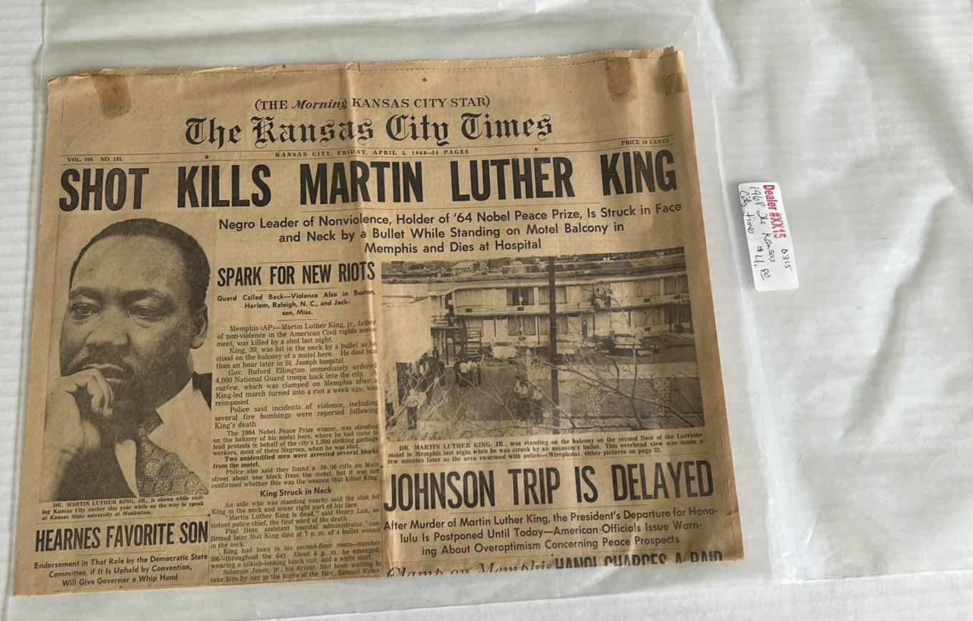 Photo 1 of COLLECTIBLE NEWSPAPER ANNOUNCING THE DEATH OF MARTIN LUTHER KING 1968