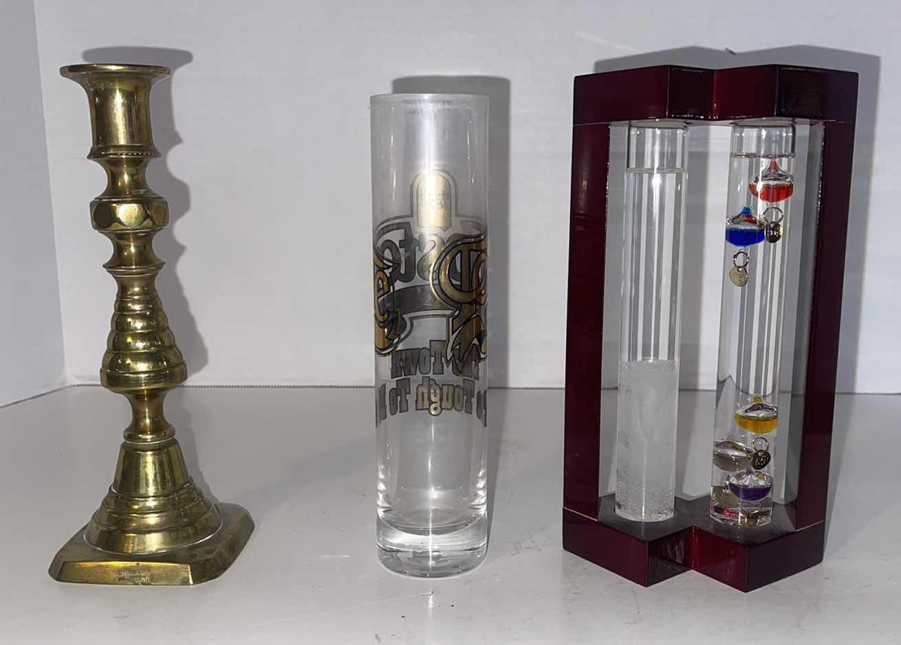 Photo 2 of GALILEO THERMOMETER AND FITZROY STORMGLASS COMBO, TOMBSTONE ARIZONA SUPER SHOT GLASS, “ENGLAND” CANDLESTICK HOLDER 8”H