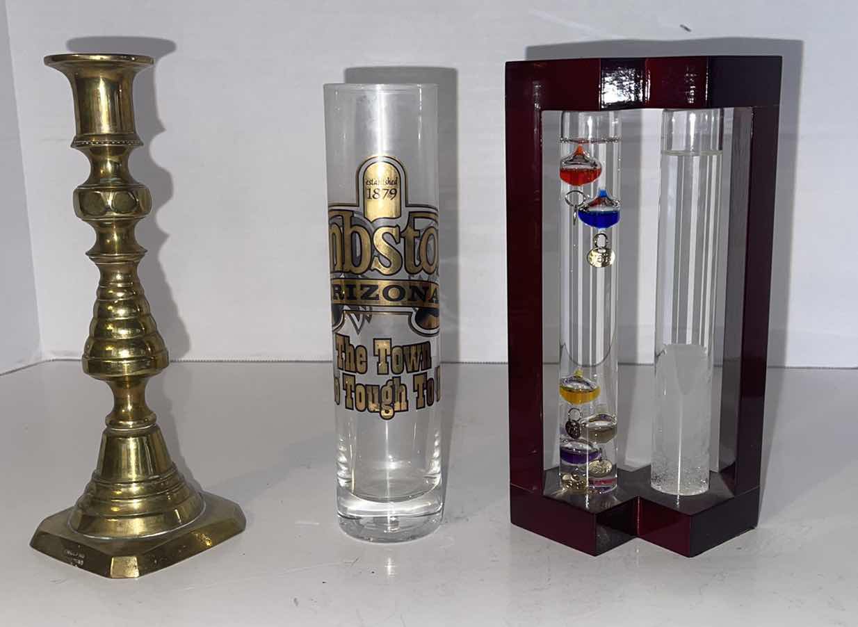 Photo 1 of GALILEO THERMOMETER AND FITZROY STORMGLASS COMBO, TOMBSTONE ARIZONA SUPER SHOT GLASS, “ENGLAND” CANDLESTICK HOLDER 8”H