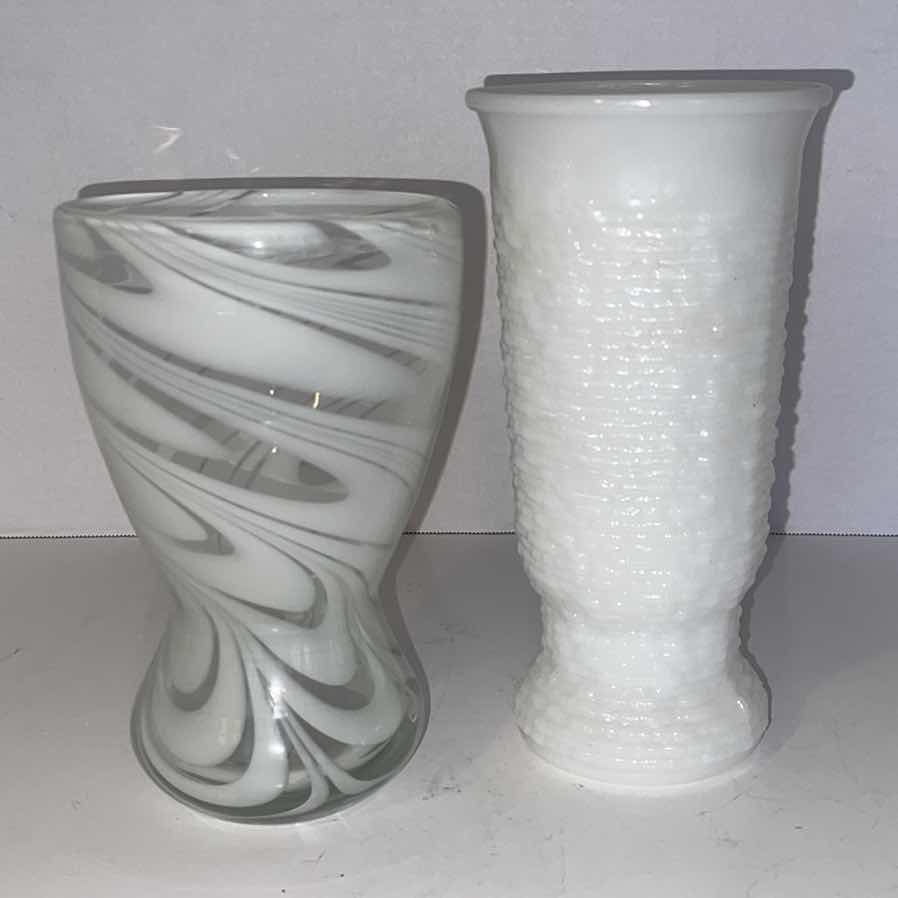 Photo 1 of 2-WHITE FLOWER VASES TALLEST 9.5”