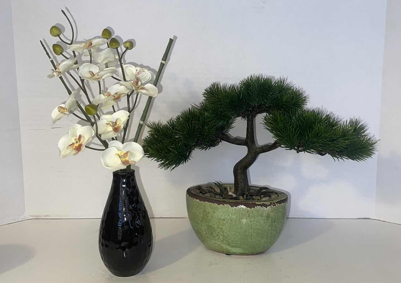 Photo 2 of 4-TABLE DECOR SET: FAUX ORCHID, FAUX BONSAI, CANDLE, WALNUT+PINECONE POTPOURRI