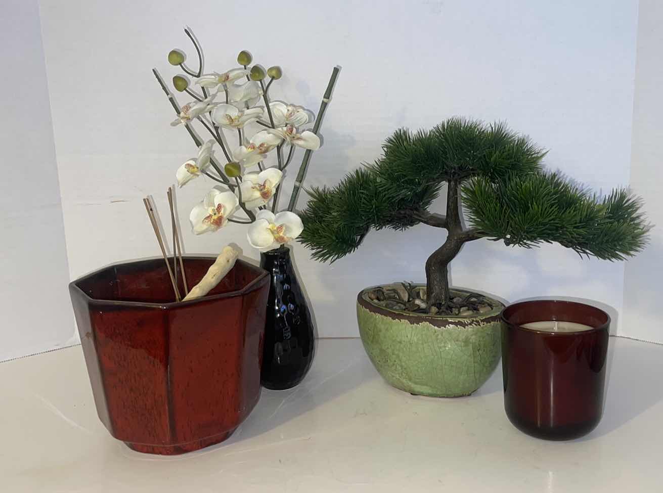 Photo 1 of 4-TABLE DECOR SET: FAUX ORCHID, FAUX BONSAI, CANDLE, WALNUT+PINECONE POTPOURRI