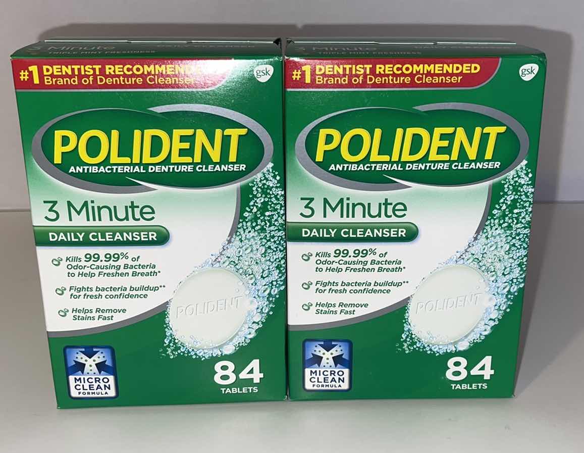 Photo 1 of 2-POLIDENT 3 MINUTE ANTIBACTERIAL DENTURE CLEANSER EFFERVESCENT TABLETS TRIPLE MINT 84CT