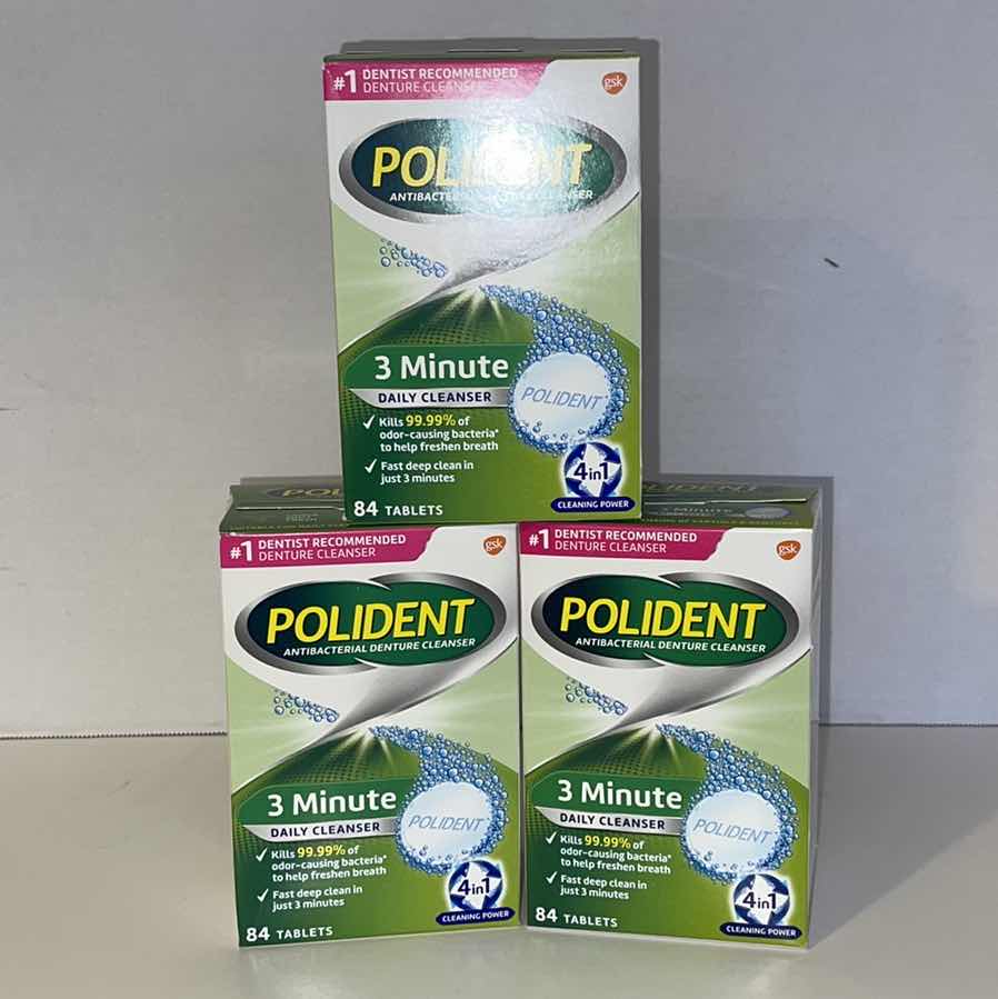 Photo 1 of 3-POLIDENT 3 MINUTE ANTIBACTERIAL DENTURE CLEANSER EFFERVESCENT TABLETS TRIPLE MINT 84CT