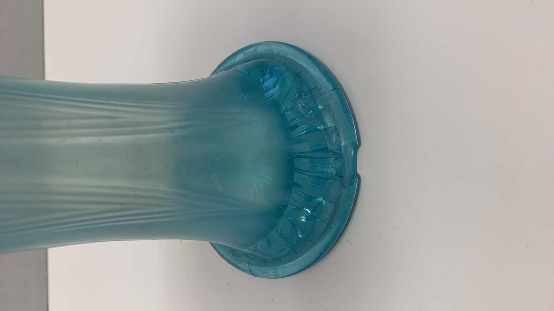 Photo 2 of ANTIQUE NORTHWOOD FEATHERS BLUE GLASS VASE 10”