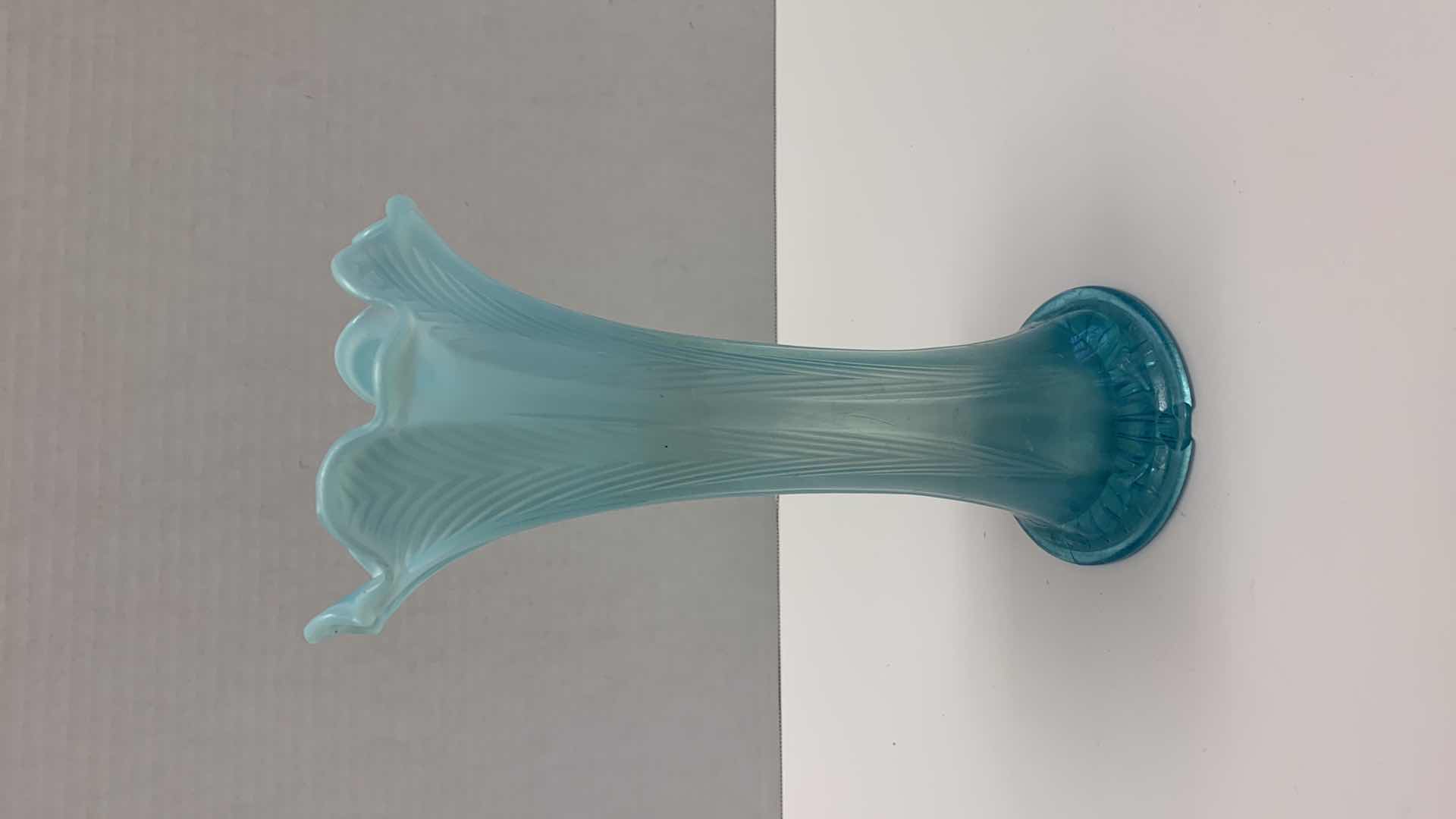 Photo 1 of ANTIQUE NORTHWOOD FEATHERS BLUE GLASS VASE 10”