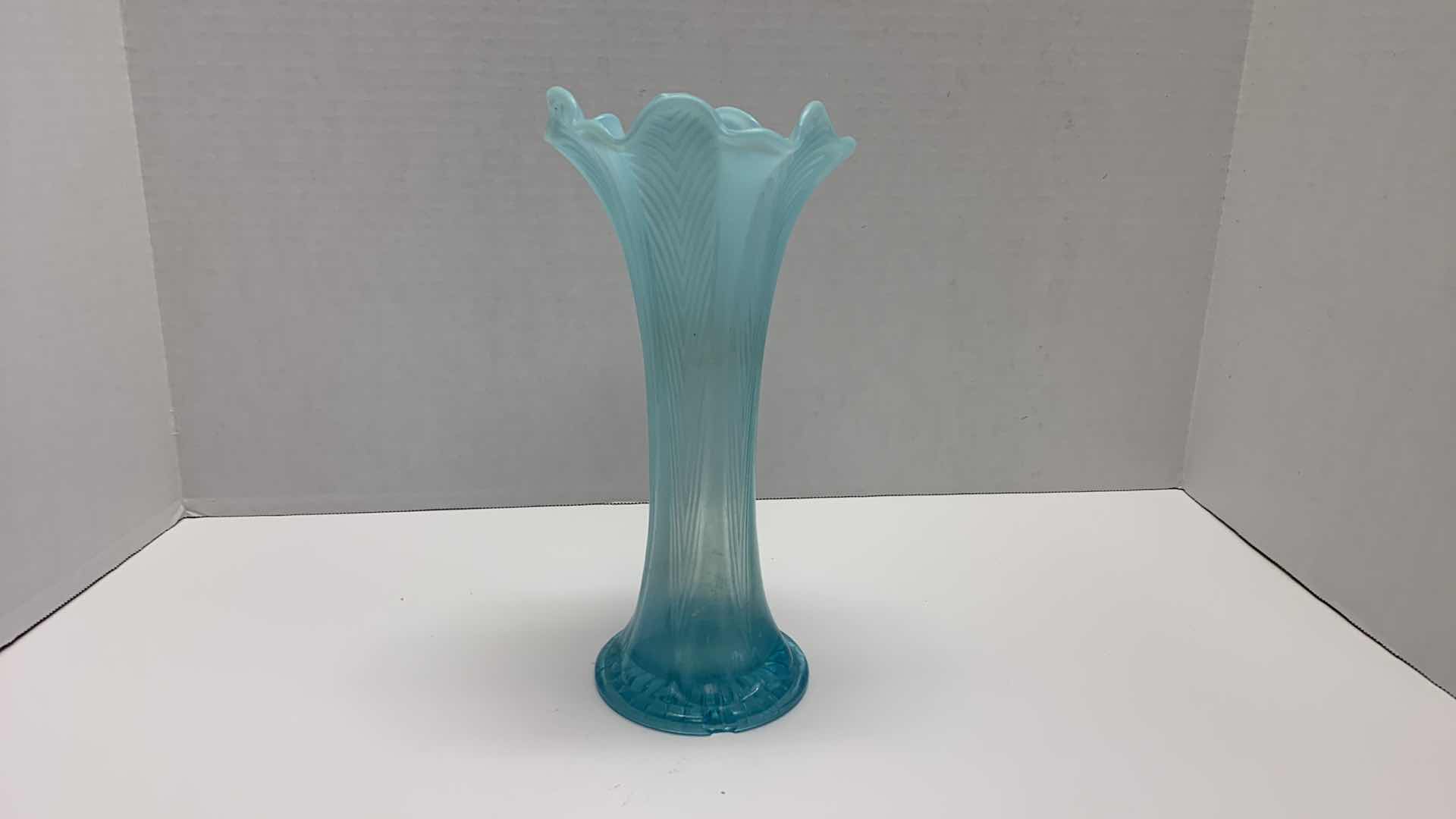 Photo 3 of ANTIQUE NORTHWOOD FEATHERS BLUE GLASS VASE 10”