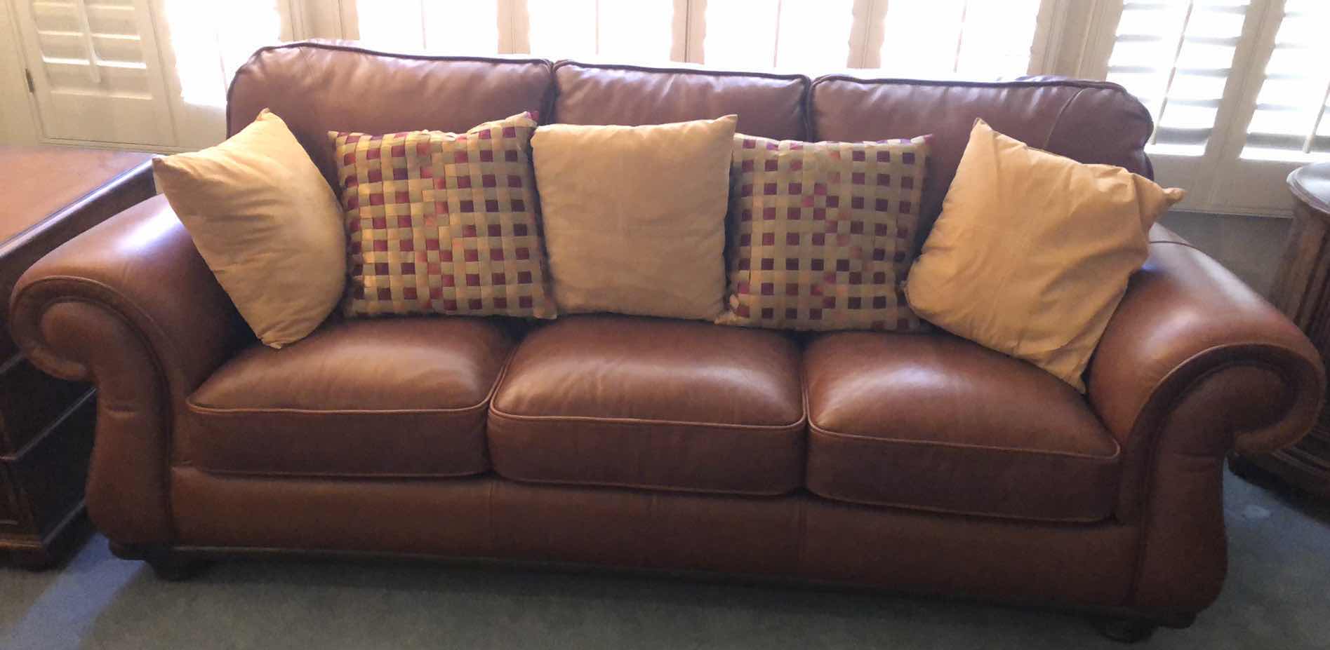 Photo 2 of ELEANOR RIGBY CLASSIC AMADEUS CANYON LEATHER SOFA 92” X 39” H 38” - (SOFA ONLY INCLUDED IN THIS LOT).  OTHER PICTURED FURNITURE SOLD SEPARATELY. 