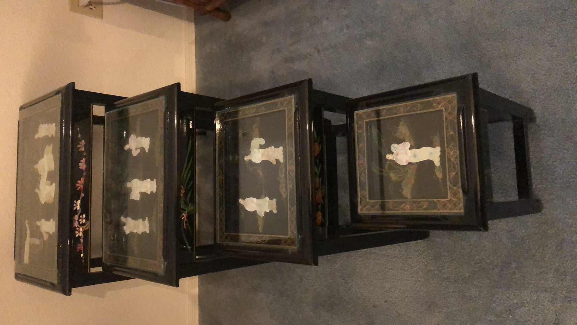 Photo 1 of 1980’S CHINESE EXPORT BLACK LAQUER HAND PAINTED WITH MOTHER OF PEARL INLAYS NESTING TABLES TALLEST IS 26”