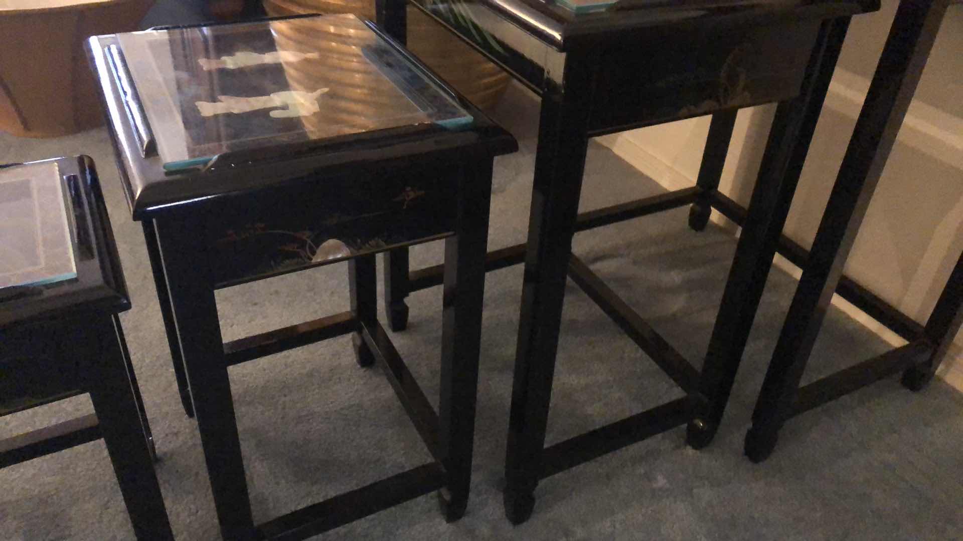 Photo 10 of 1980’S CHINESE EXPORT BLACK LAQUER HAND PAINTED WITH MOTHER OF PEARL INLAYS NESTING TABLES TALLEST IS 26��”