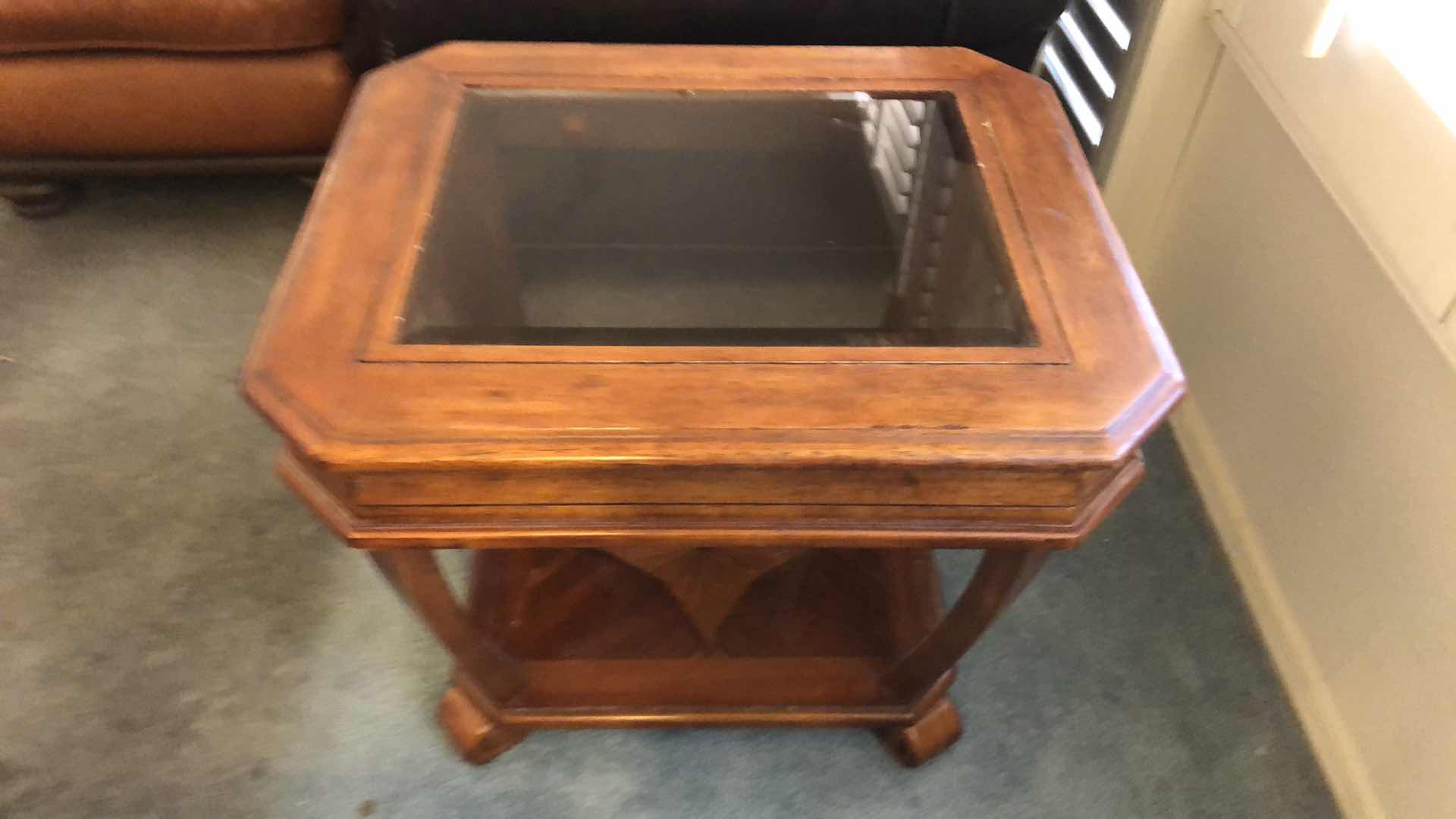 Photo 1 of END TABLE WITH INLAID WOOD DESIGN AND BEVELED GLASS TOP 24” X 28” H 24”