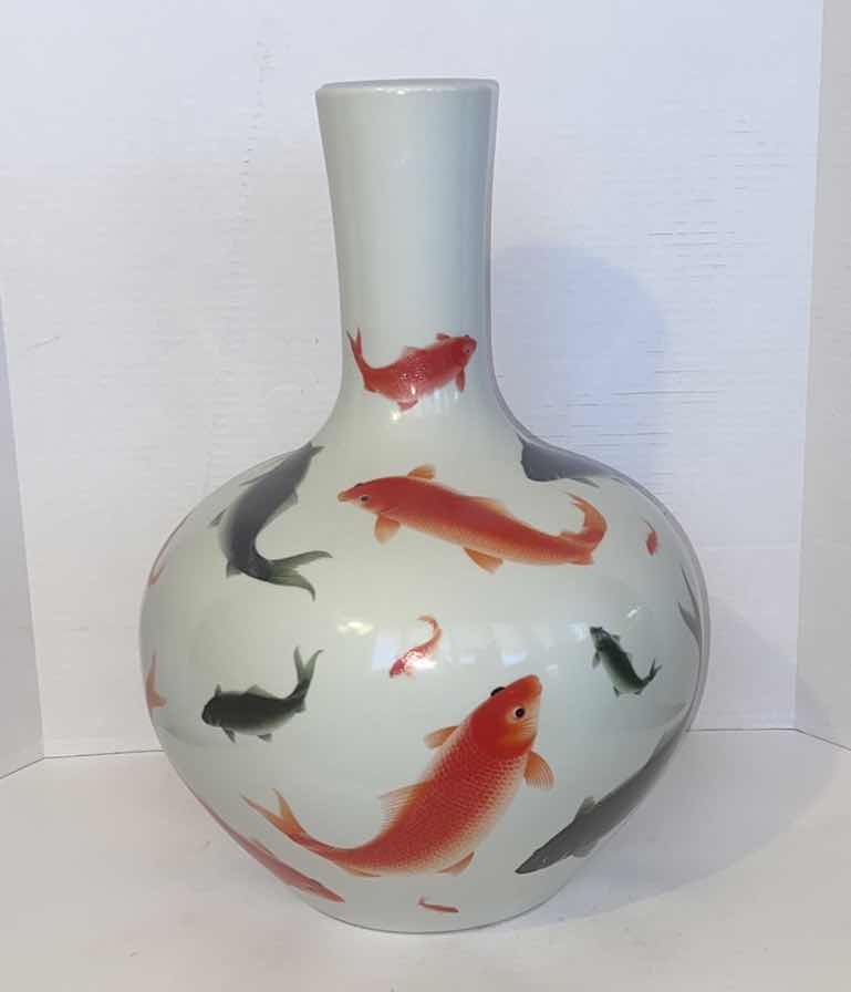 Photo 2 of CHINESE PORCELAIN GOLD AND BLACK CARP VASE 20” H