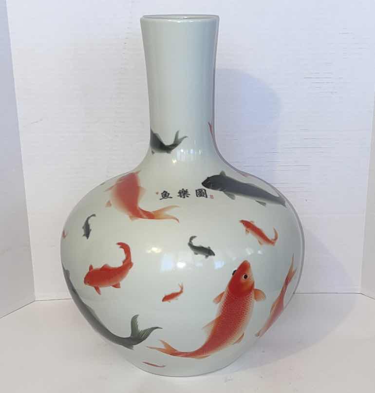 Photo 1 of CHINESE PORCELAIN GOLD AND BLACK CARP VASE 20” H