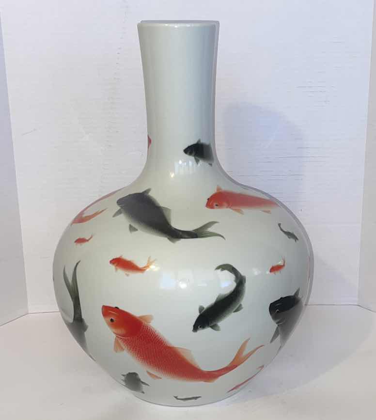 Photo 3 of CHINESE PORCELAIN GOLD AND BLACK CARP VASE 20” H