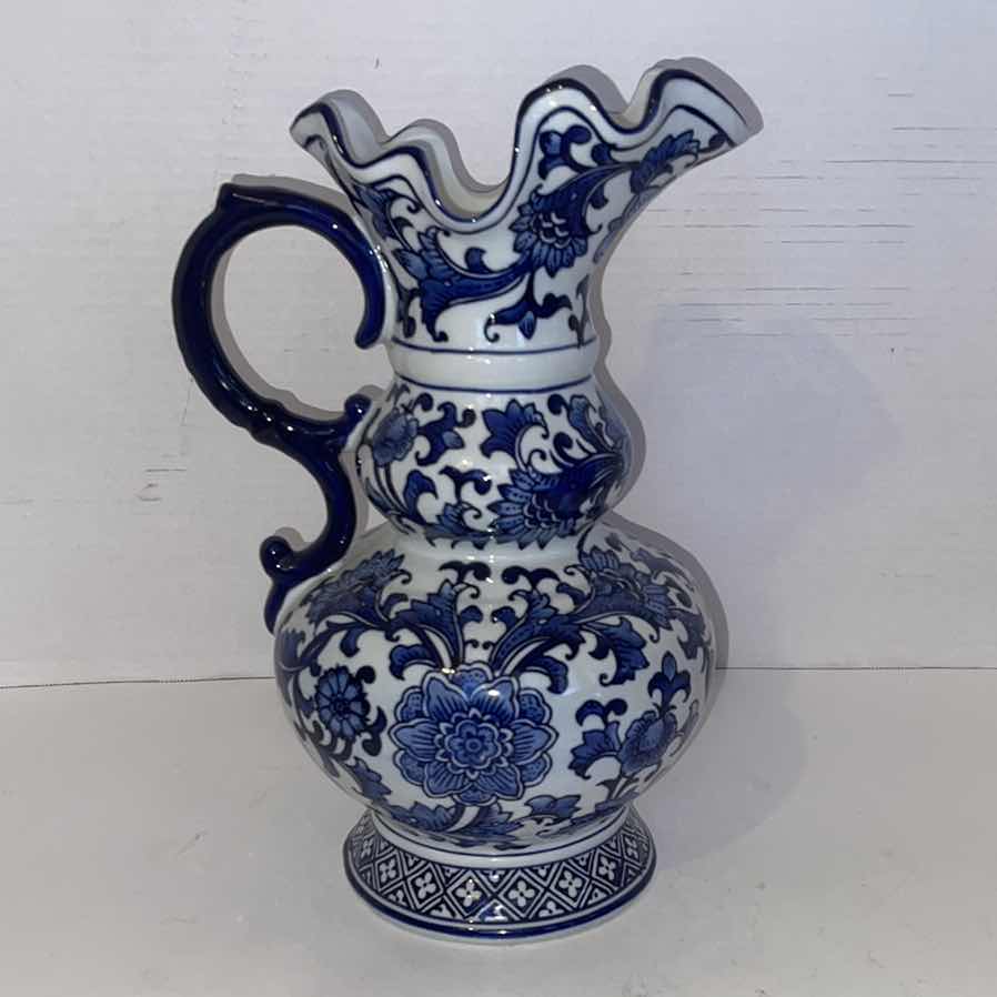 Photo 1 of ENGLISH CHINOISERIE FLOW BLUE CERAMIC PITCHER OR VASE 14” H