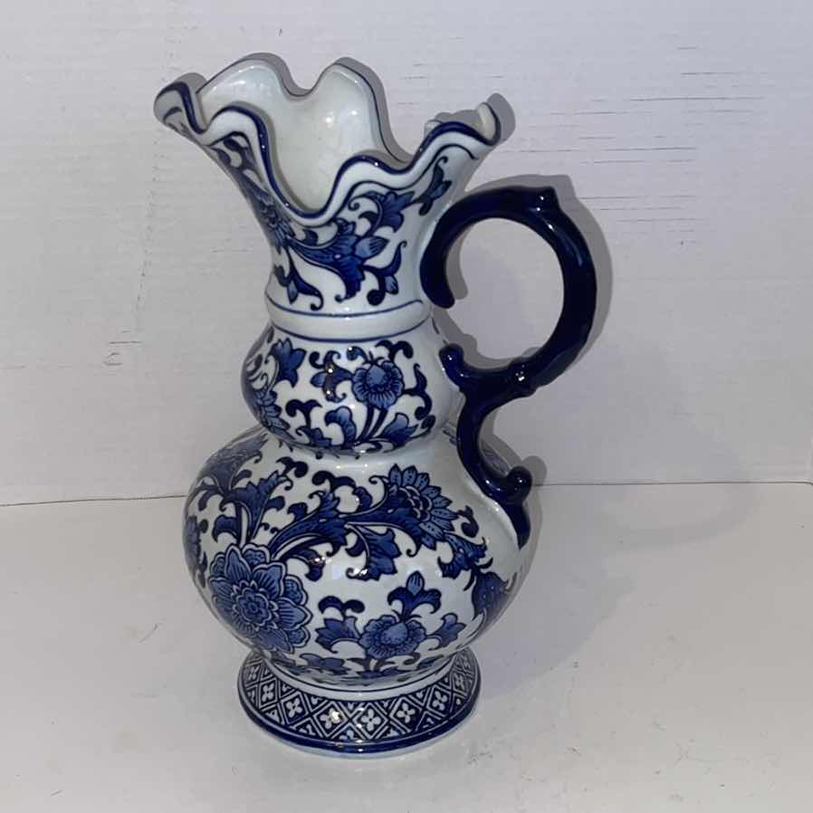 Photo 3 of ENGLISH CHINOISERIE FLOW BLUE CERAMIC PITCHER OR VASE 14” H