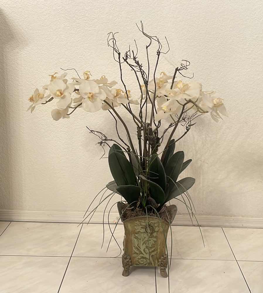 Photo 1 of FAUX WHITE ORCHIDS IN DECORATIVE FAUX PEAT MOSS VASE 34” H